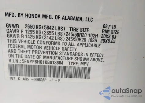 2019 Honda Pilot Touring из США, поврежденный, VIN 5FNYF6H61KB013664